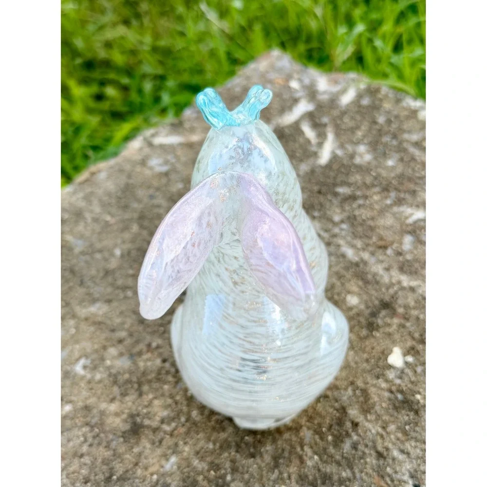 Hand Blown Art Glass Bunny Figurine White Swirl Pink Ears Blue Butterfly 8.5in